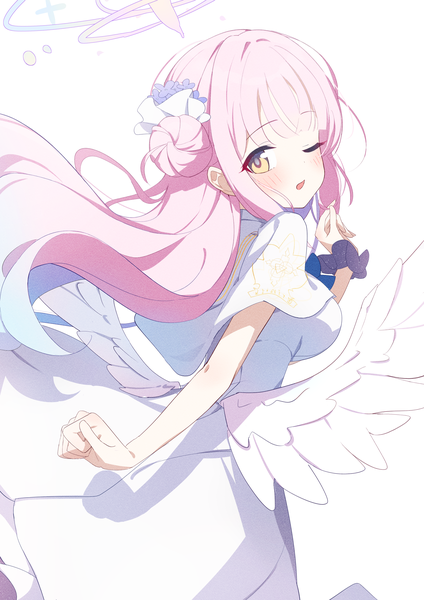 Anime picture 2894x4093 with blue archive mika (blue archive) yamada auto single long hair tall image looking at viewer highres simple background white background yellow eyes pink hair one eye closed looking back wink hair bun (hair buns) white wings wrist scrunchie girl dress