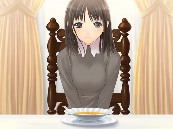 Аниме картинка 1024x768 с france shoujo yagisawa kasumi tony taka длинные волосы чёрные волосы game cg чёрные глаза девушка еда