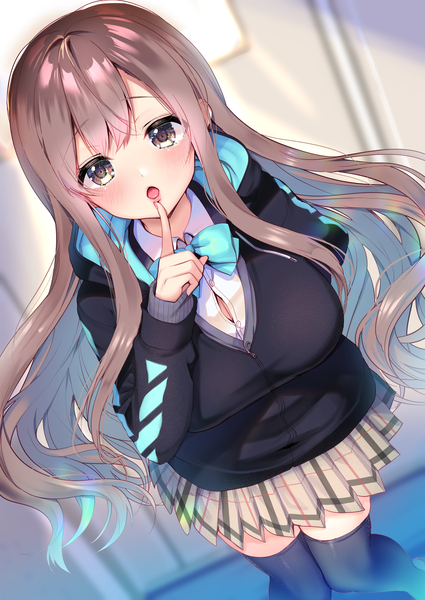 Anime picture 2508x3541 with original ayuma sayori single long hair tall image looking at viewer blush fringe highres open mouth brown hair standing brown eyes payot indoors pleated skirt blurry :o dutch angle depth of field