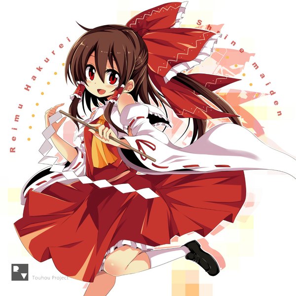 Anime picture 1004x1004 with touhou hakurei reimu matsuri uta single long hair looking at viewer blush open mouth red eyes brown hair traditional clothes character names miko girl skirt bow hair bow detached sleeves socks white socks