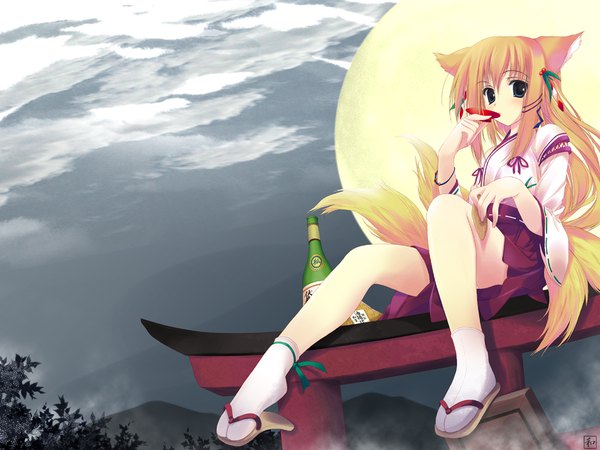 Anime picture 1024x768 with original nagomi single long hair looking at viewer blush fringe blue eyes light erotic blonde hair hair between eyes sitting holding animal ears payot sky cloud (clouds) bent knee (knees) tail traditional clothes