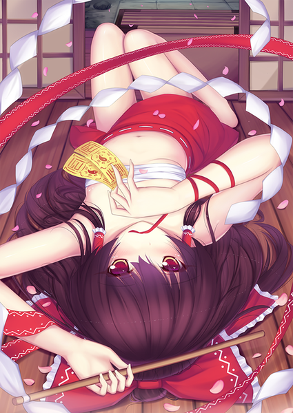 Anime picture 1600x2261 with touhou hakurei reimu scarlethy (artist) single long hair tall image looking at viewer blush black hair red eyes lying barefoot legs mouth hold miko girl navel bow hair bow petals