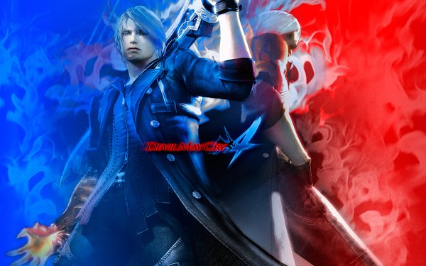 Anime picture 1920x1200 with devil may cry dante (devil may cry) nero (devil may cry) highres short hair wide image white hair red background back to back 3d boy sword cloak