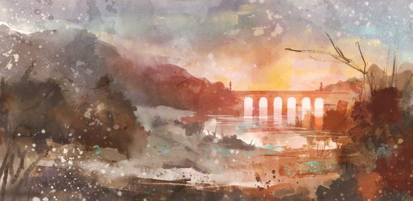 Anime picture 1280x626 with alextooth wide image sky no people landscape river traditional media watercolor (medium) plant (plants) tree (trees) water bridge