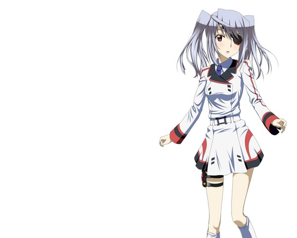 Anime picture 1920x1536 with infinite stratos 8bit laura bodewig single long hair looking at viewer blush highres simple background red eyes white background twintails silver hair grey hair girl uniform school uniform eyepatch
