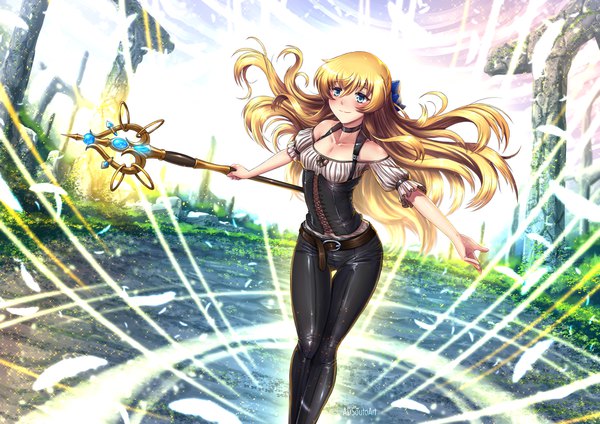 Anime picture 1754x1240 with goblin slayer! priestess (goblin slayer!) adsouto single long hair blush fringe highres breasts blue eyes blonde hair smile hair between eyes standing bare shoulders holding signed looking away sky bent knee (knees)