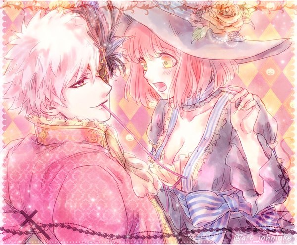 Anime picture 992x819 with uta no prince-sama a-1 pictures nanami haruka (uta no prince-sama) kurosaki ranmaru john luke blush short hair open mouth purple eyes holding yellow eyes pink hair white hair pink eyes arm up embarrassed couple mouth hold turning head undressing