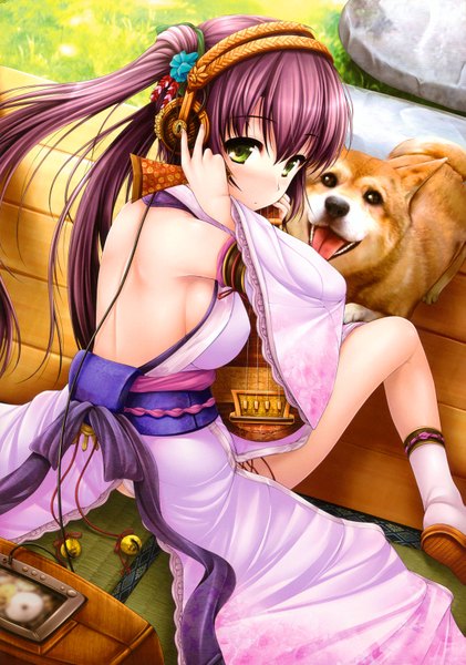 Anime picture 1123x1600 with original uni8 long hair tall image light erotic twintails bare shoulders green eyes purple hair japanese clothes looking back sideboob welsh corgi girl hair ornament animal headphones dog