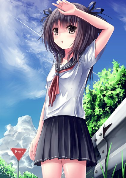 Anime picture 744x1052 with original missle228 single long hair tall image blush breasts open mouth black hair looking away sky cloud (clouds) black eyes :o loli flat chest girl skirt hair ornament ribbon (ribbons)