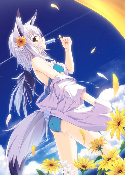 Anime picture 648x906 with original nagishiro mito single long hair tall image looking at viewer blush light erotic brown eyes animal ears sky cloud (clouds) white hair tail animal tail girl flower (flowers) bow swimsuit hair bow