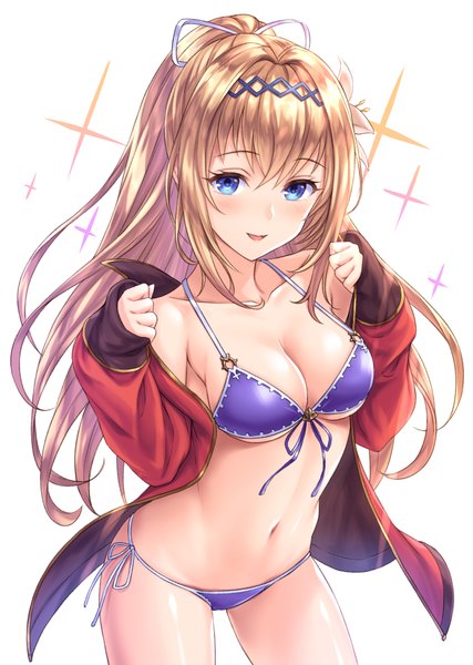 Anime picture 1404x1973 with granblue fantasy jeanne d'arc (granblue fantasy) tomo (tmtm mf mf) single long hair tall image looking at viewer blush fringe breasts open mouth blue eyes light erotic simple background blonde hair smile hair between eyes large breasts standing white background