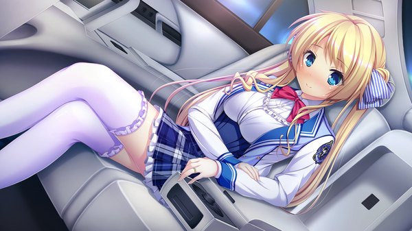 Anime picture 1280x720 with harvest overray giga mikami lilia single long hair looking at viewer blush blue eyes blonde hair smile wide image twintails game cg crossed legs girl thighhighs uniform bow hair bow school uniform