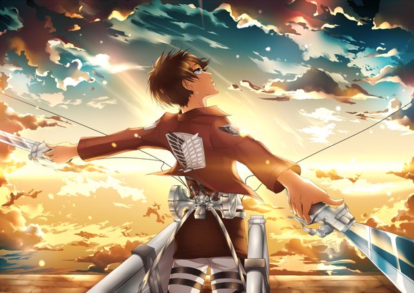 Anime picture 1920x1357 with shingeki no kyojin production i.g eren yaeger kristallin-f (artist) highres short hair blue eyes black hair holding sky cloud (clouds) profile open clothes open jacket back looking up spread arms dual wielding boy uniform