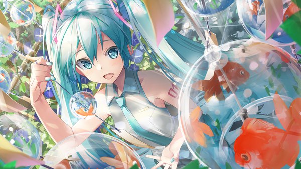 Anime picture 1920x1080 with vocaloid hatsune miku daidou (demitasse) single long hair fringe highres open mouth hair between eyes wide image twintails nail polish :d aqua eyes from above aqua hair sleeveless animal print fish print girl