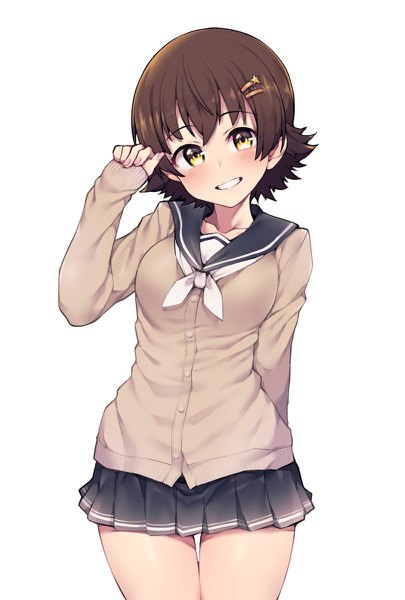 Anime picture 810x1200 with idolmaster idolmaster cinderella girls honda mio jp06 single tall image looking at viewer blush fringe short hair breasts simple background smile hair between eyes brown hair standing white background yellow eyes head tilt pleated skirt