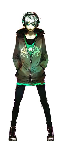 Anime picture 700x1600 with fisheye placebo frey (fisheye placebo) yuumei single tall image looking at viewer short hair simple background smile white background green eyes silver hair open clothes open jacket hands in pockets boy jacket headphones