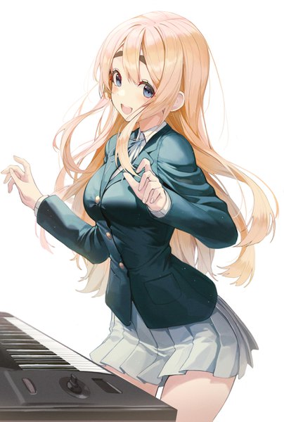 Anime picture 1891x2807 with k-on! kyoto animation kotobuki tsumugi peulopi single long hair tall image looking at viewer blush fringe highres open mouth blue eyes simple background smile hair between eyes standing white background long sleeves :d
