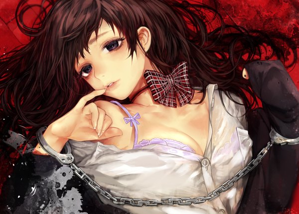 Anime picture 900x647 with original tcb (pixiv) single long hair fringe breasts light erotic brown hair purple eyes parted lips fingernails lips open shirt finger to mouth red background girl bow shirt white shirt chain