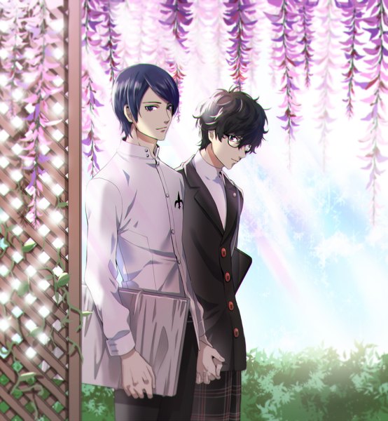 Anime picture 1000x1082 with persona 5 persona amamiya ren kitagawa yuusuke mina (o414) tall image looking at viewer fringe short hair blue eyes black hair hair between eyes standing holding blue hair outdoors head tilt light smile multiple boys grey eyes