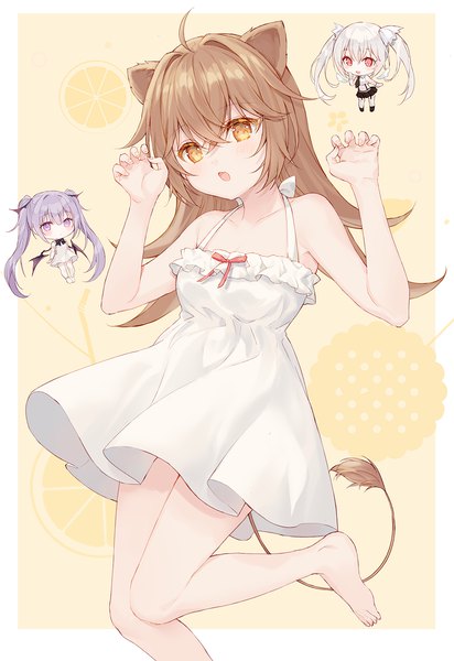 Anime picture 1000x1455 with original virtual youtuber indie virtual youtuber rurudo lion eikaa long hair tall image looking at viewer blush fringe open mouth hair between eyes brown hair standing purple eyes bare shoulders multiple girls animal ears yellow eyes silver hair