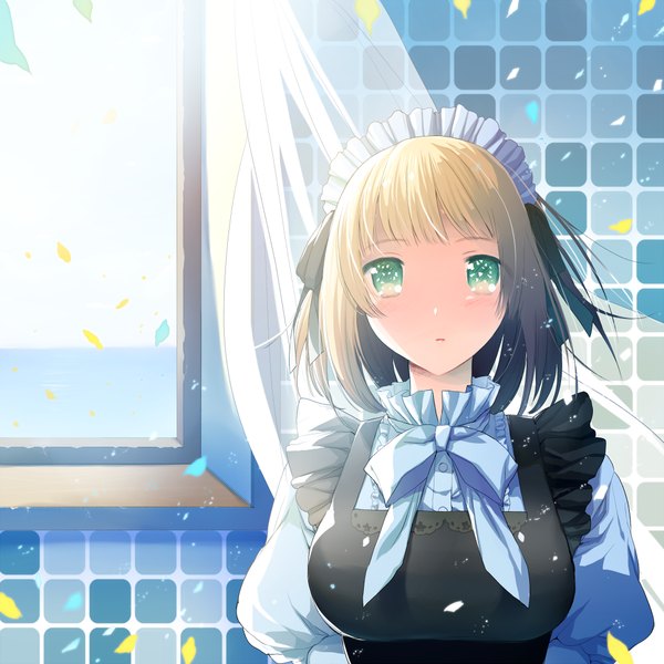 Anime picture 1000x1000 with original donacoo single looking at viewer blush short hair open mouth blonde hair green eyes sunlight maid girl hair ornament bow headdress window maid headdress