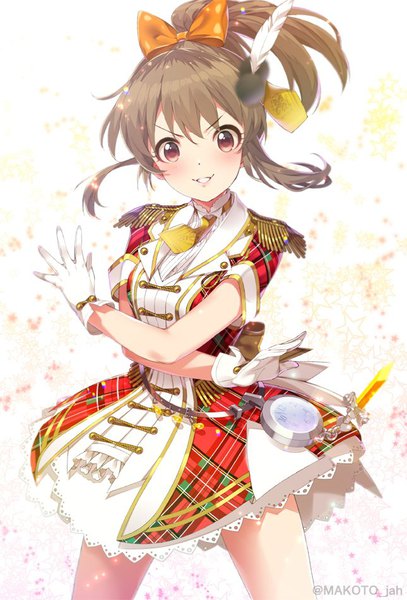 Anime-Bild 645x950 mit idolmaster idolmaster cinderella girls idolmaster cinderella girls starlight stage hori yuuko mizuki makoto single tall image looking at viewer blush short hair red eyes brown hair signed ponytail twitter username crossed arms plaid across the stars girl dress