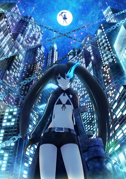 Anime picture 2893x4092 with black rock shooter black rock shooter (character) dead master bounin long hair tall image highres blue eyes black hair twintails multiple girls night city scar city lights silhouette girl 2 girls shorts building (buildings)