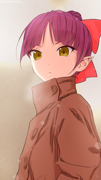 Anime picture 750x1333 with gegege no kitarou toei animation nekomusume nekomusume (gegege no kitarou 6) akagi (fmttps) single tall image short hair brown eyes looking away purple hair upper body pointy ears exhalation girl bow hair bow coat