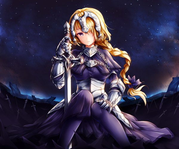 Anime picture 1500x1249 with fate (series) fate/grand order fate/apocrypha jeanne d'arc (fate) (all) jeanne d'arc (fate) wsman single long hair looking at viewer fringe breasts blonde hair purple eyes holding bent knee (knees) outdoors braid (braids) wind hair over one eye night