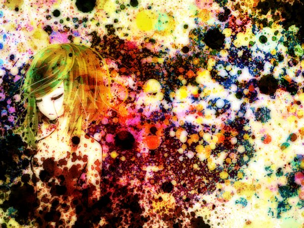 Anime picture 1280x960 with vocaloid gumi single short hair eyes closed green hair crying colorful girl