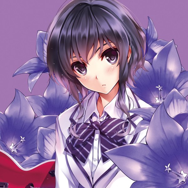 Anime picture 1592x1592 with saenai heroine no sodatekata a-1 pictures hyoudou michiru misaki kurehito single looking at viewer fringe short hair black hair simple background hair between eyes payot upper body parted lips head tilt :o purple background girl uniform flower (flowers)