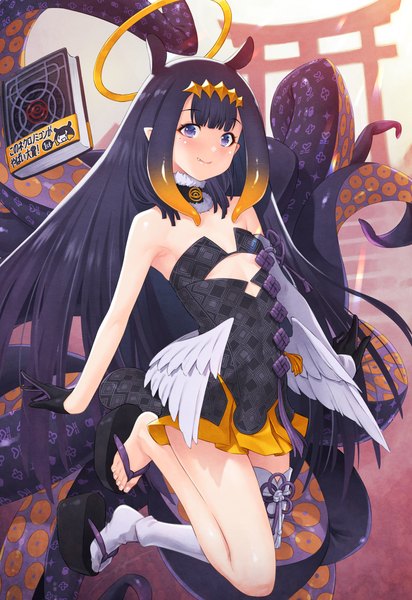 Anime picture 1372x2000 with virtual youtuber hololive hololive english ninomae ina'nis ninomae ina'nis (1st costume) ao-chan (ninomae ina'nis) kazuma muramasa single long hair tall image light erotic black hair smile purple eyes full body pointy ears mole mole under eye flat chest low wings