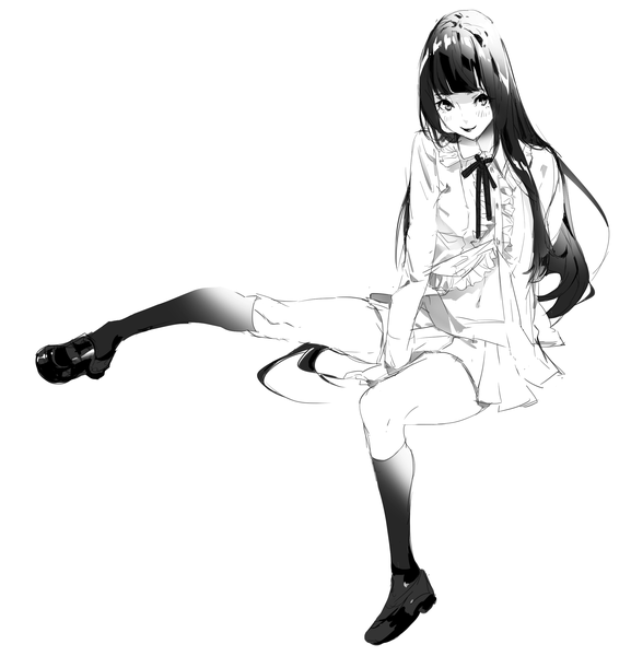 Anime picture 2538x2637 with yutoriro single long hair tall image looking at viewer blush highres black hair simple background smile white background bent knee (knees) pleated skirt zettai ryouiki monochrome girl skirt navel ribbon (ribbons) miniskirt