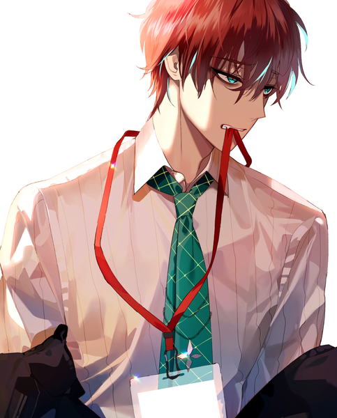 Anime picture 1100x1367 with hypnosis mic kannonzaka doppo wadani hitonori single tall image fringe short hair simple background hair between eyes white background holding looking away red hair aqua eyes mouth hold turning head ribbon in mouth boy shirt necktie