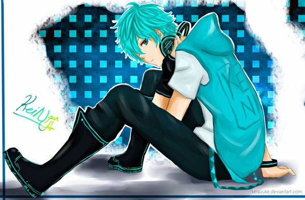 Anime picture 4564x3000 with vocaloid hatsune mikuo keisuuke kei niji single looking at viewer highres short hair sitting absurdres aqua eyes aqua hair boy boots headphones vest cage