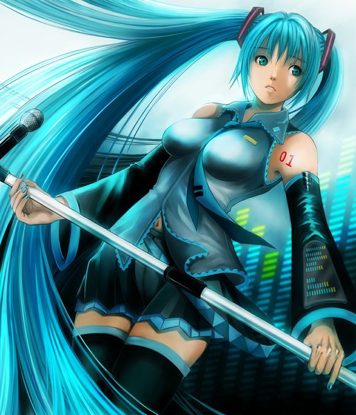 Anime picture 1000x1167 with vocaloid hatsune miku amami single long hair tall image blue eyes twintails blue hair zettai ryouiki girl skirt detached sleeves miniskirt necktie microphone stand