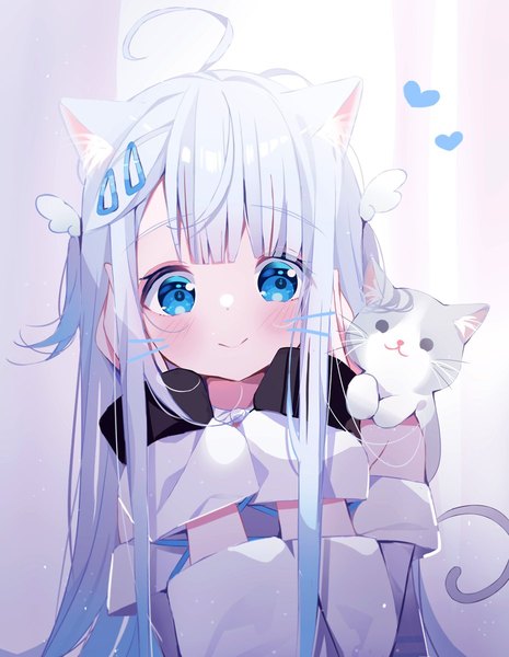 Anime picture 930x1200 with virtual youtuber indie virtual youtuber amatsuka uto deyui single tall image looking at viewer blush fringe blue eyes smile animal ears payot silver hair upper body ahoge tail blunt bangs animal tail cat ears