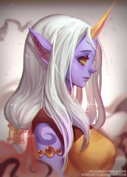 Anime picture 620x862 with league of legends soraka (league of legends) songjikyo single long hair tall image breasts large breasts yellow eyes white hair profile horn (horns) pointy ears tattoo purple skin girl