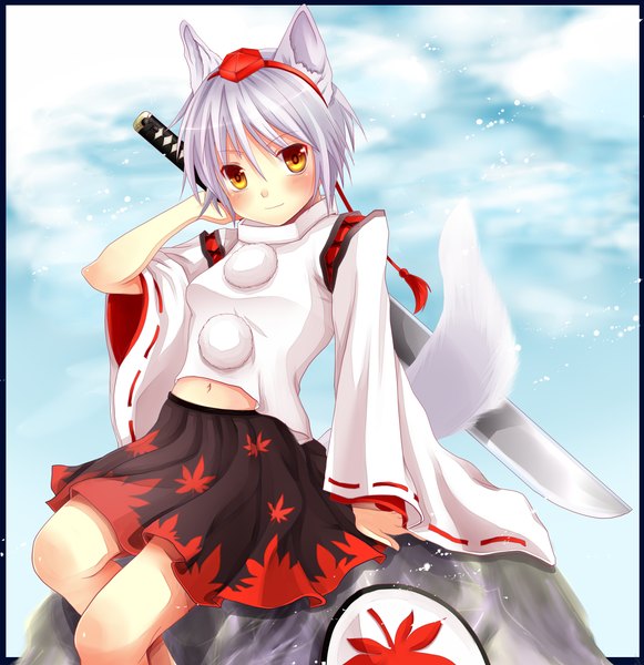 Anime picture 1240x1280 with touhou inubashiri momiji monchi (kashiwa2519) single tall image looking at viewer blush short hair sitting animal ears white hair traditional clothes animal tail light smile orange eyes girl skirt navel weapon hat