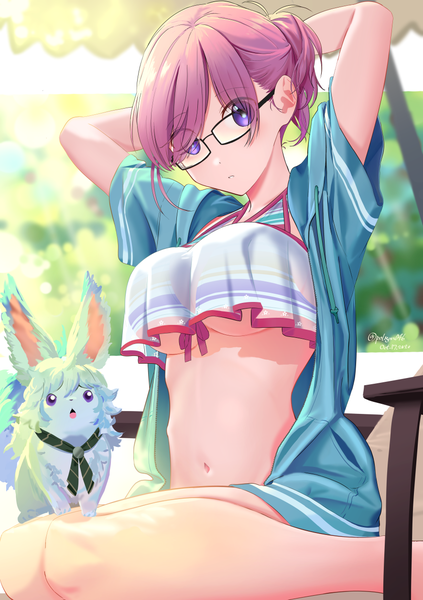 Anime picture 885x1254 with fate (series) fate/grand order mash kyrielight fou (fate) mash kyrielight (swimsuit of perpetual summer ver.02) poligon (046) single tall image looking at viewer blush fringe short hair breasts light erotic large breasts sitting purple eyes signed pink hair bent knee (knees)
