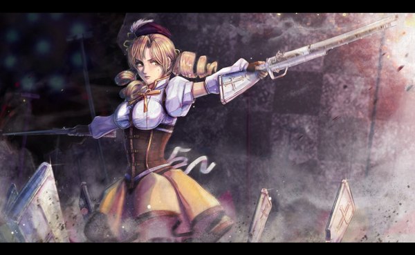 Anime picture 1460x900 with mahou shoujo madoka magica shaft (studio) tomoe mami hwansang single long hair blonde hair wide image yellow eyes drill hair letterboxed girl dress weapon fingerless gloves gun beret rifle musket