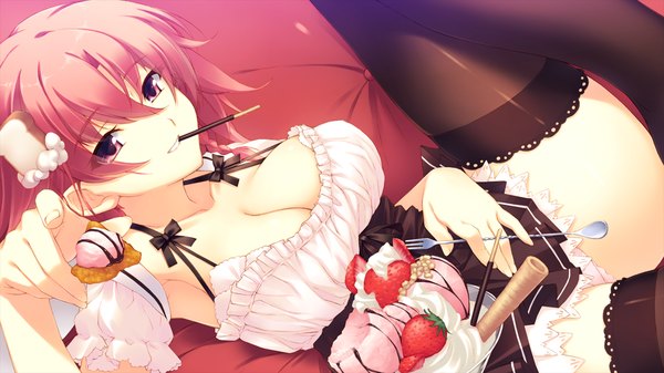 Anime picture 1280x720 with hoshi no ouji-kun qp:flapper short hair light erotic red eyes wide image game cg red hair girl thighhighs black thighhighs sweets pocky
