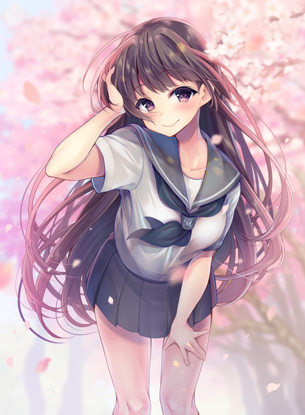 Anime picture 1200x1636 with original momoirone single long hair tall image looking at viewer blush smile brown hair brown eyes wind leaning leaning forward cherry blossoms adjusting hair spring girl uniform petals serafuku