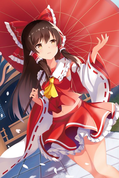 Anime picture 1000x1500 with touhou hakurei reimu yasuharasora single long hair tall image fringe hair between eyes brown hair brown eyes looking away arm up turning head girl skirt bow hair bow detached sleeves umbrella skirt set