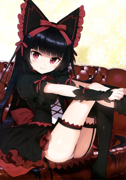 Anime picture 4087x5868 with gate - jieitai ka no chi nite kaku tatakaeri a-1 pictures nyantype rory mercury hanabana tsubomi single long hair tall image looking at viewer blush highres light erotic black hair smile red eyes sitting absurdres pantyshot lolita fashion goth-loli