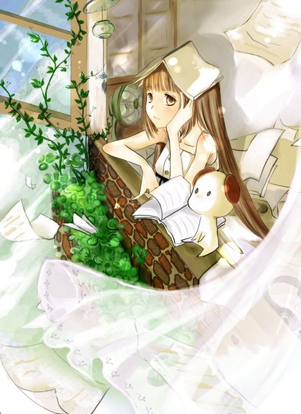Anime picture 2552x3508 with original ddsheep single long hair tall image highres brown hair brown eyes arm support girl plant (plants) animal book (books) curtains toy fan paper dog