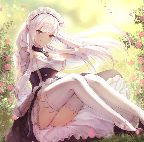 Anime picture 1000x986 with azur lane belfast (azur lane) dolce (dolsuke) single long hair looking at viewer blush fringe breasts light erotic smile large breasts sitting purple eyes bare shoulders cleavage outdoors ass white hair braid (braids)
