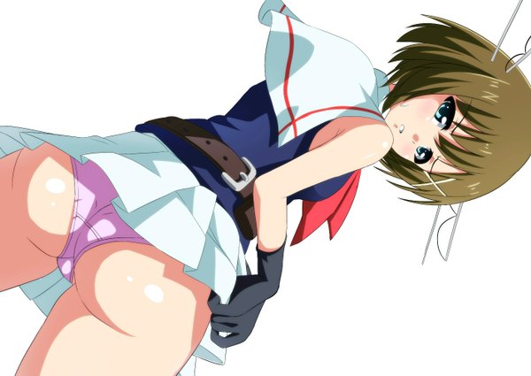 Anime picture 1416x1003 with kantai collection maya heavy cruiser takocha single looking at viewer short hair blue eyes light erotic simple background brown hair white background bare shoulders parted lips from behind dutch angle pantyshot sleeveless adjusting clothes girl skirt