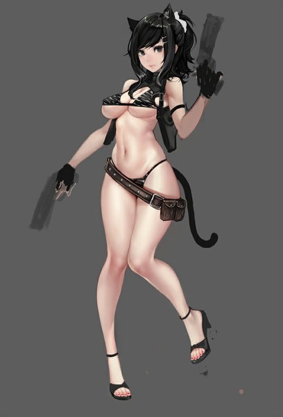 Anime picture 700x1029 with original fasces single long hair tall image looking at viewer breasts light erotic black hair simple background standing bare shoulders holding animal ears bent knee (knees) tail nail polish animal tail black eyes cat ears