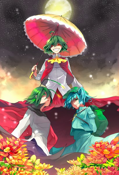 Anime picture 1000x1468 with touhou kazami yuuka kawashiro nitori wriggle nightbug tsukimoto aoi tall image short hair smile red eyes multiple girls green eyes blue hair green hair girl dress skirt flower (flowers) 3 girls moon umbrella